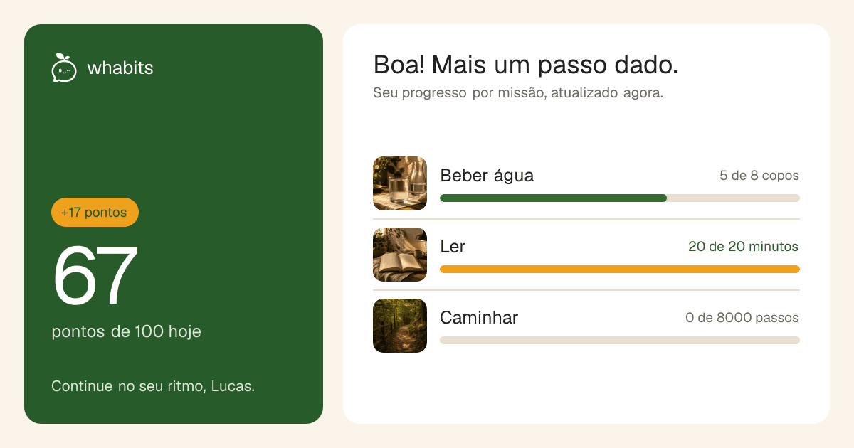 Imagem de progresso com 67 pontos e avanço nas missões de água, leitura e caminhada