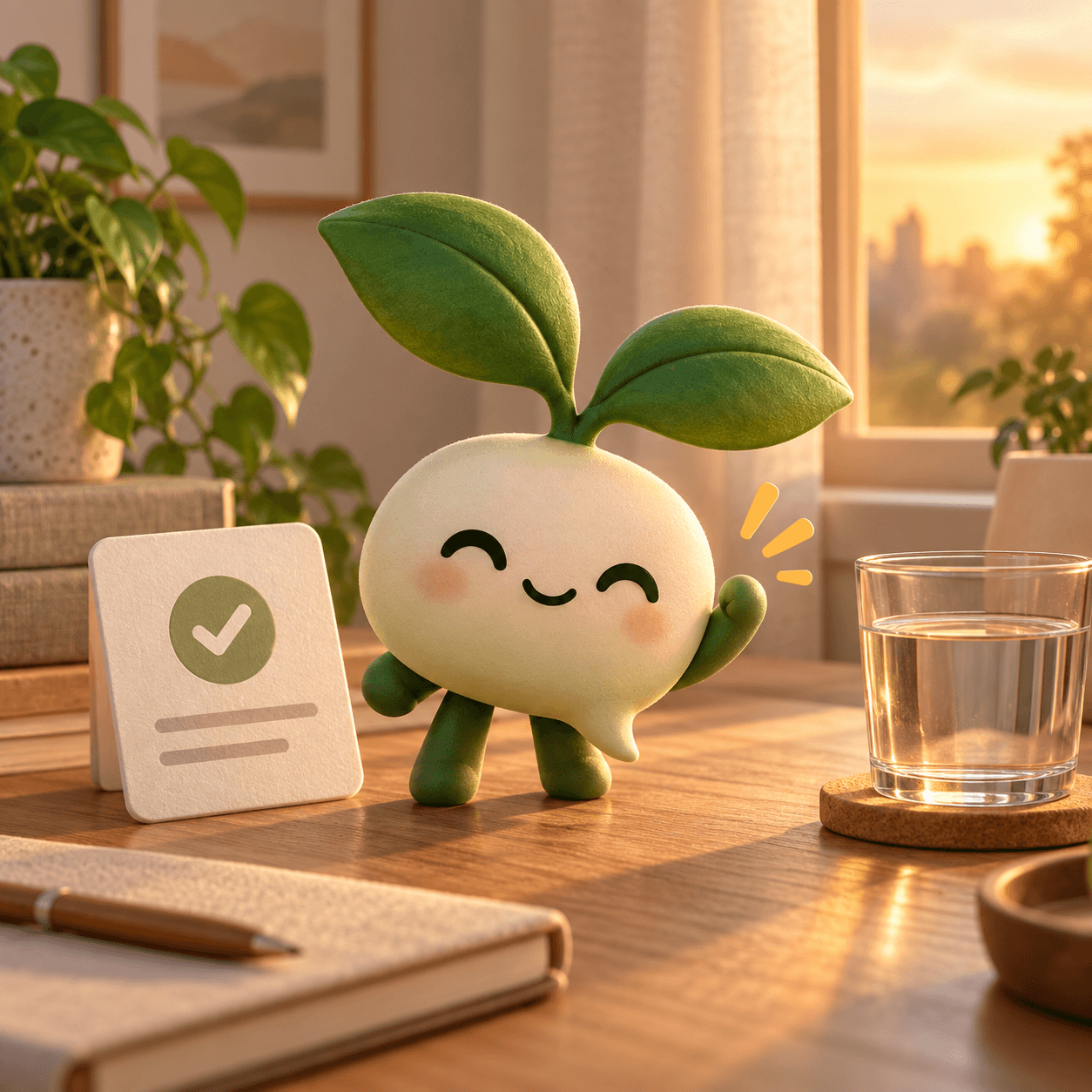 O mascote broto do Whabits celebrando uma missão concluída ao lado de um copo de água
