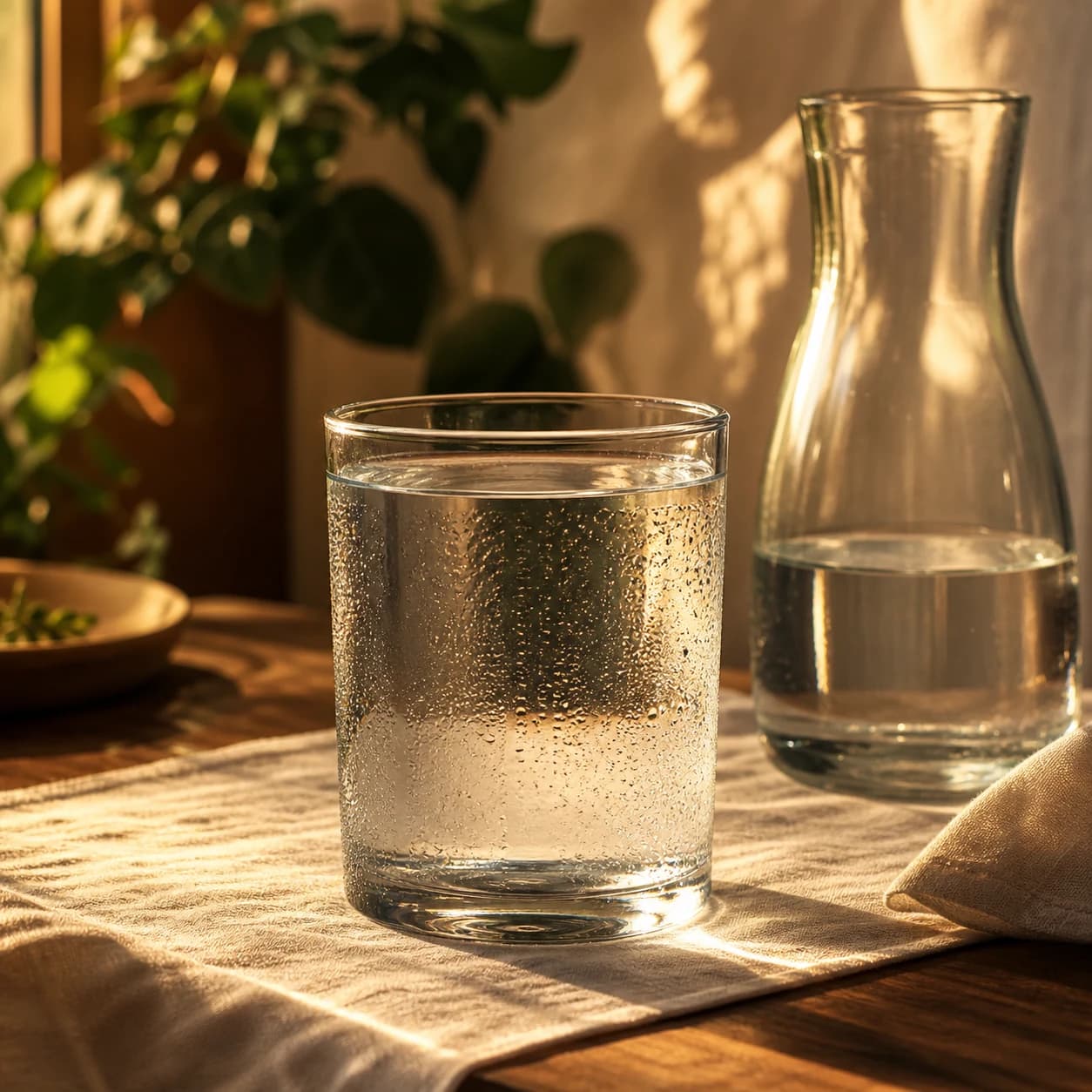 Copo de água sobre uma mesa de madeira iluminada pelo sol