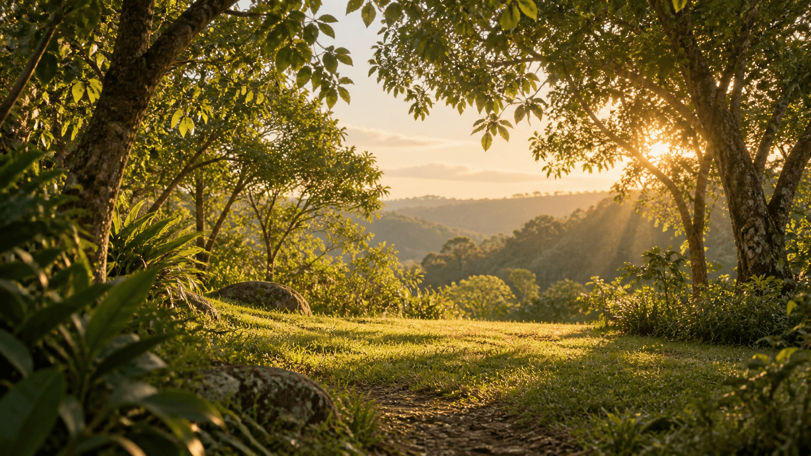 Um bosque tranquilo iluminado pelo sol da manhã