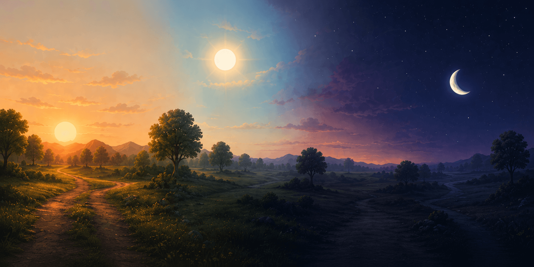 Uma paisagem que percorre os momentos da manhã até a noite